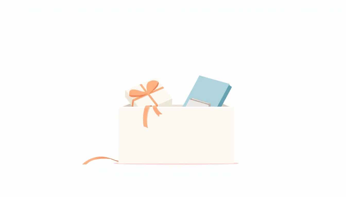 Minimalist illustration of a neatly arranged gift box with curated items, set against a clean, soft pastel background.