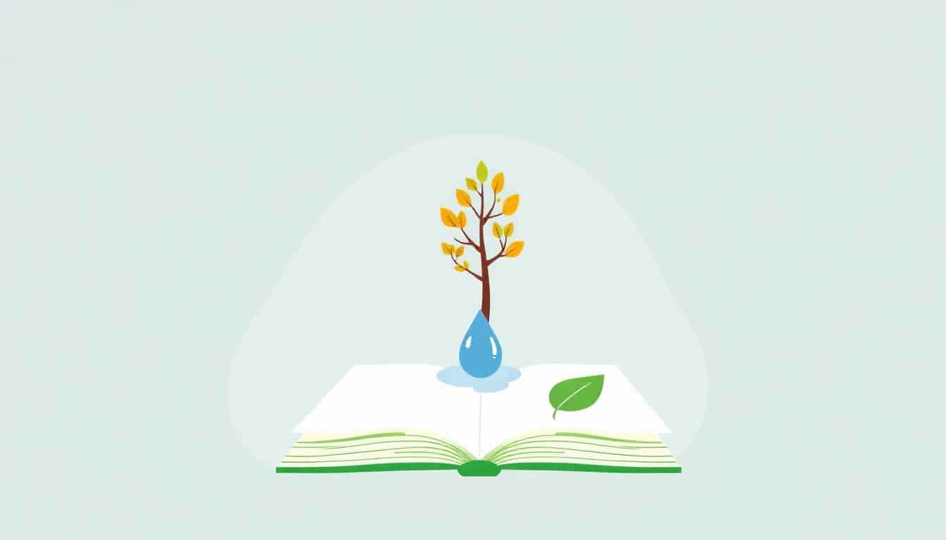 Minimalist illustration of a vibrant tree, a water droplet, and a book with a green leaf emblem, signifying eco-friendly publishing and sustainability.