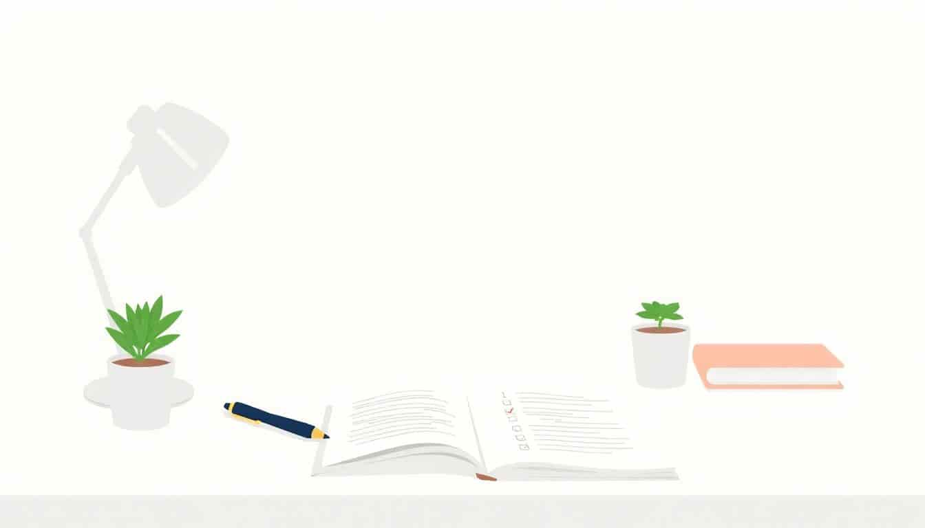 Minimalist illustration of a clean writing workspace featuring a neat desk with an open notebook, a pen, and a small plant, designed in soft, calming colors.