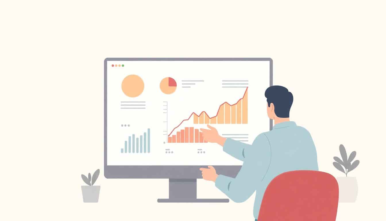 Minimalist illustration of a confident person analyzing data on a simple digital interface, with soft colors and a smooth background, emphasizing clarity and focus.