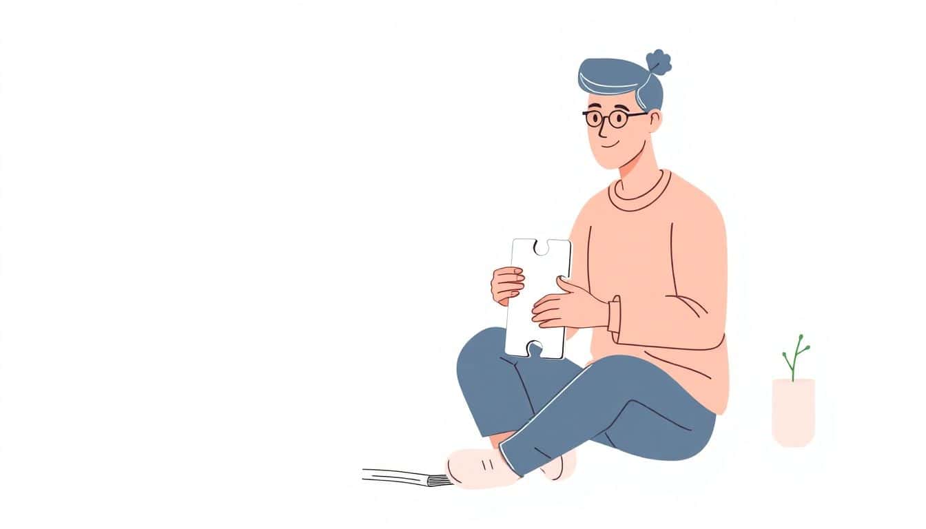 Illustration of a person confidently assembling a puzzle without a box image, set against a calm background, in clean lines and soft colors, symbolizing the challenge of creating a book proposal.