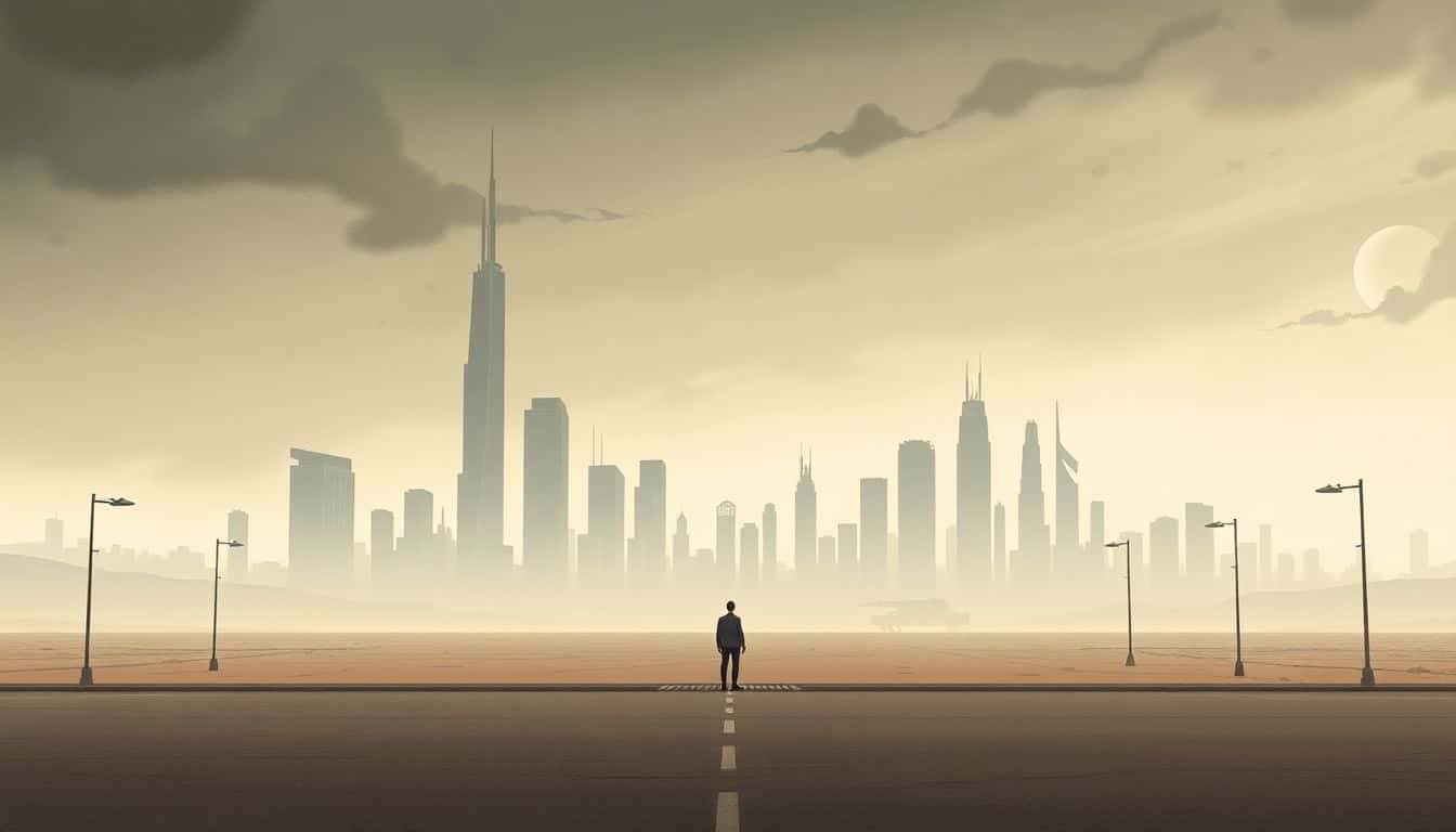 A minimalist illustration of a dystopian city skyline under a moody overcast sky, featuring an isolated figure on a deserted street, using muted tones and simple lines to convey solitude and bleakness.