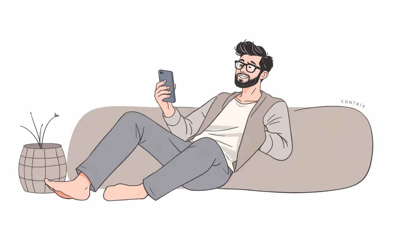 A confident author relaxing with a smartphone, looking inspired amidst a clean, minimalist background with soft colors and subtle hints of Instagram.