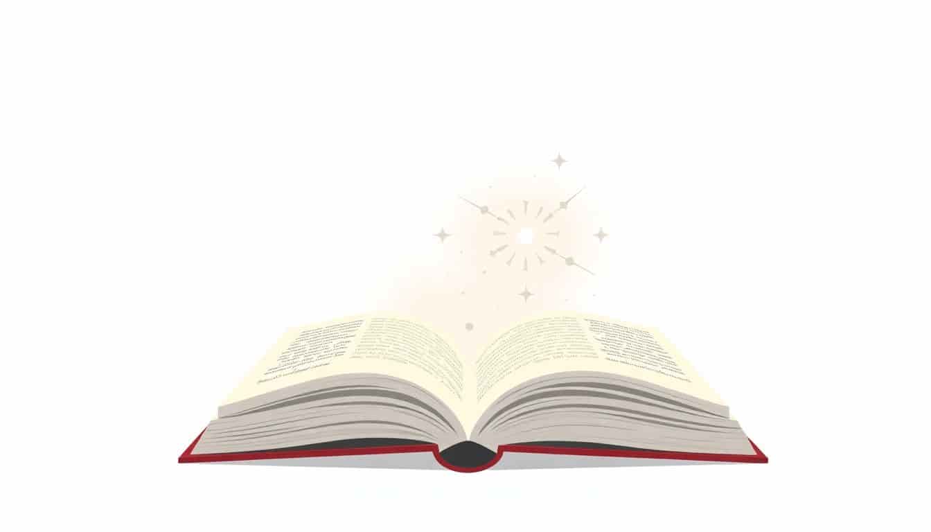 Minimalist illustration of an open book with glowing elements, symbolizing growth and achievement, set against a simple background that conveys progress and aspiration.