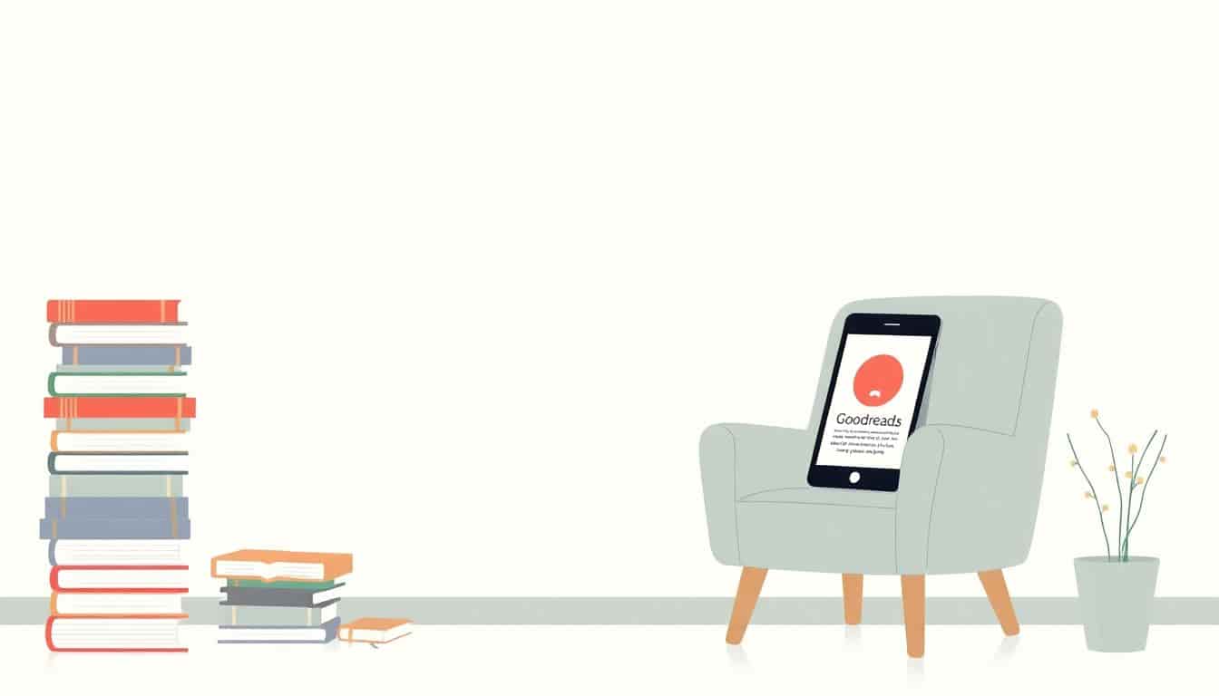 Minimalistic illustration of a cozy reading nook with a neatly stacked pile of books, a comfortable chair, and a tablet displaying the Goodreads app in soft, inviting colors.