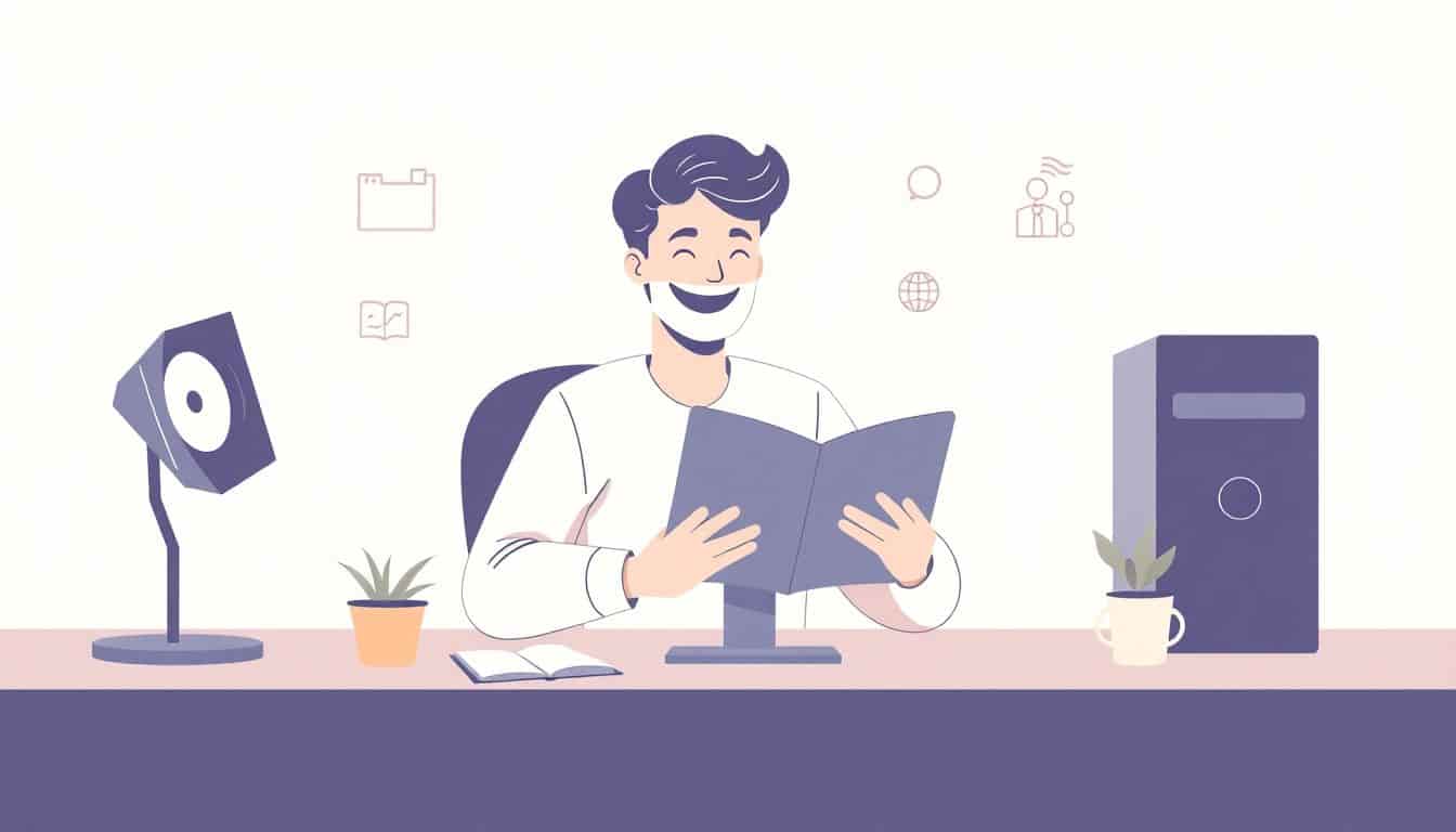 A person joyfully designing a personalized ebook on a computer, surrounded by subtle icons of goals, AI, and design elements, in a minimalist and colorful style.