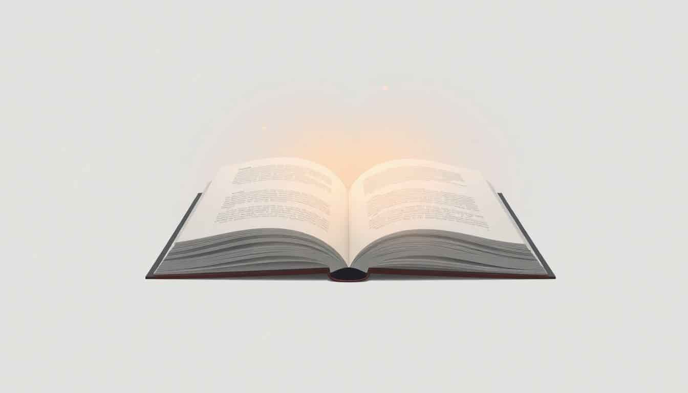 A minimalist illustration of an open book emitting a soft, glowing light from its pages, set against a clean, muted background.
