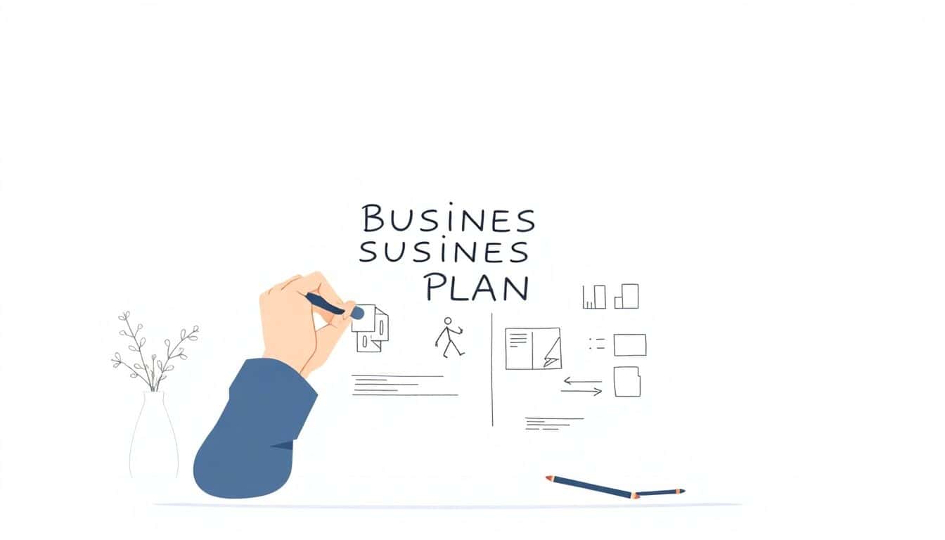 Minimalist illustration of a person confidently writing a simplified business plan on a large sheet of paper, with a soft, calming color palette and a subtle background.