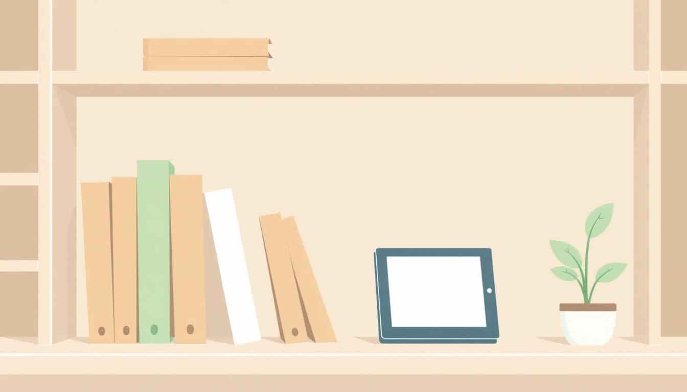 Minimalist illustration of a sleek bookshelf with sustainable books and a digital e-reader, accented by a small plant.