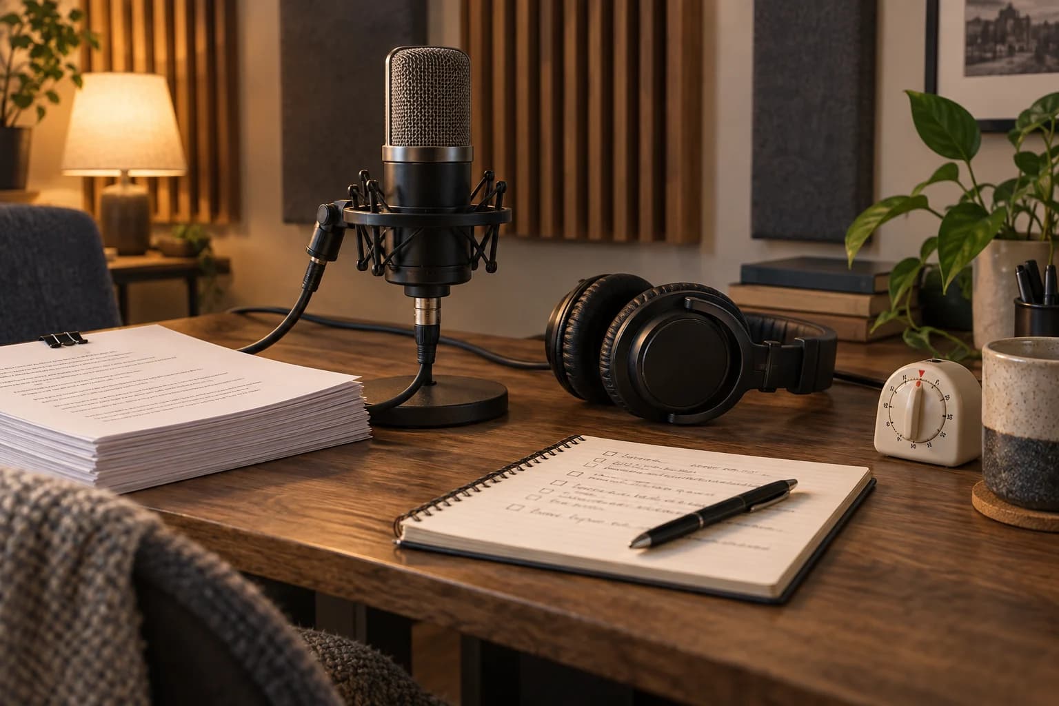 Editorial illustration of a narration microphone, headphones and an audiobook manuscript in a recording workspace