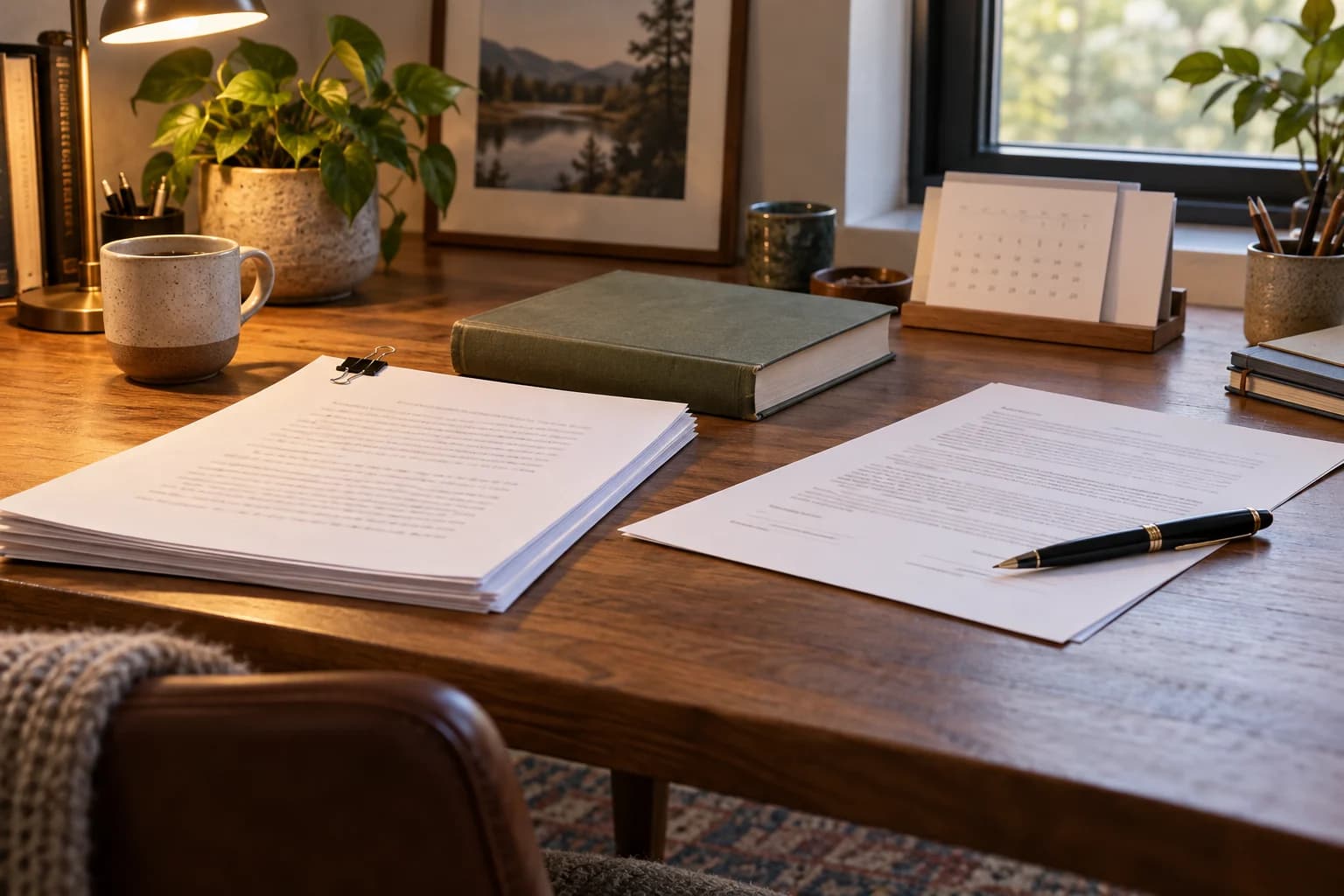 An author’s manuscript, contract and calendar arranged on a warmly lit desk