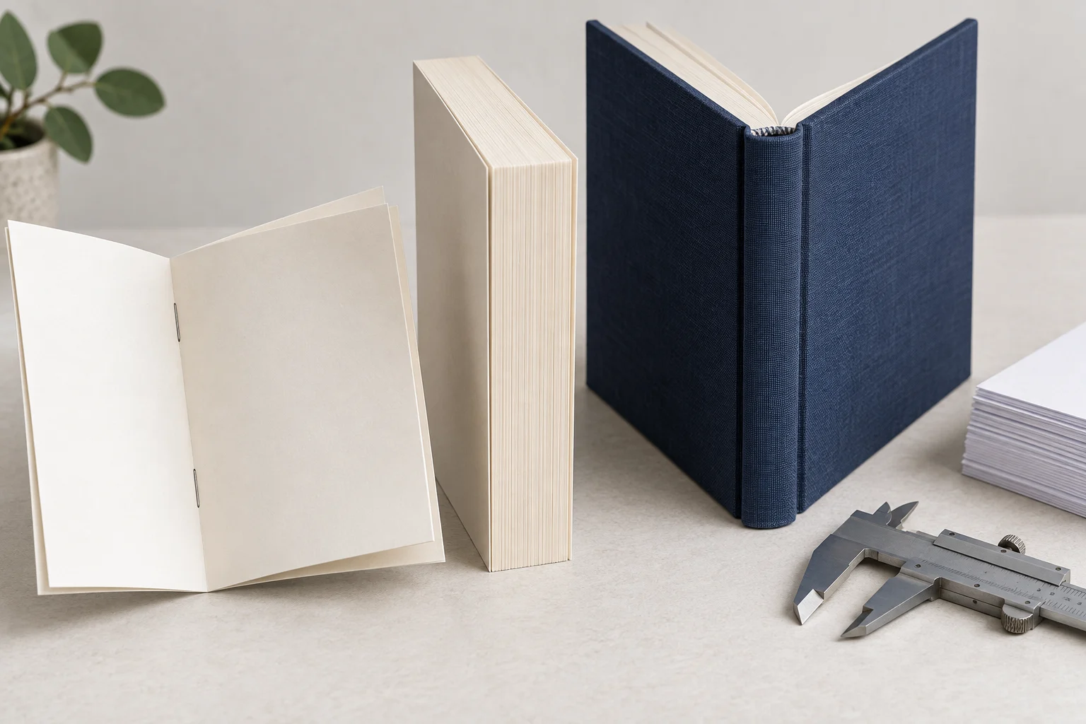 Editorial illustration of paperback and hardcover books beside paper samples and binding tools