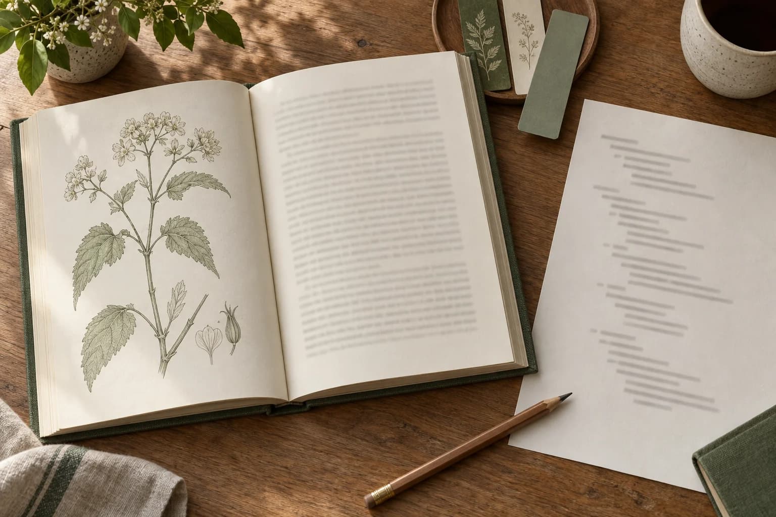 An open reference book and editing materials on a softly lit desk.