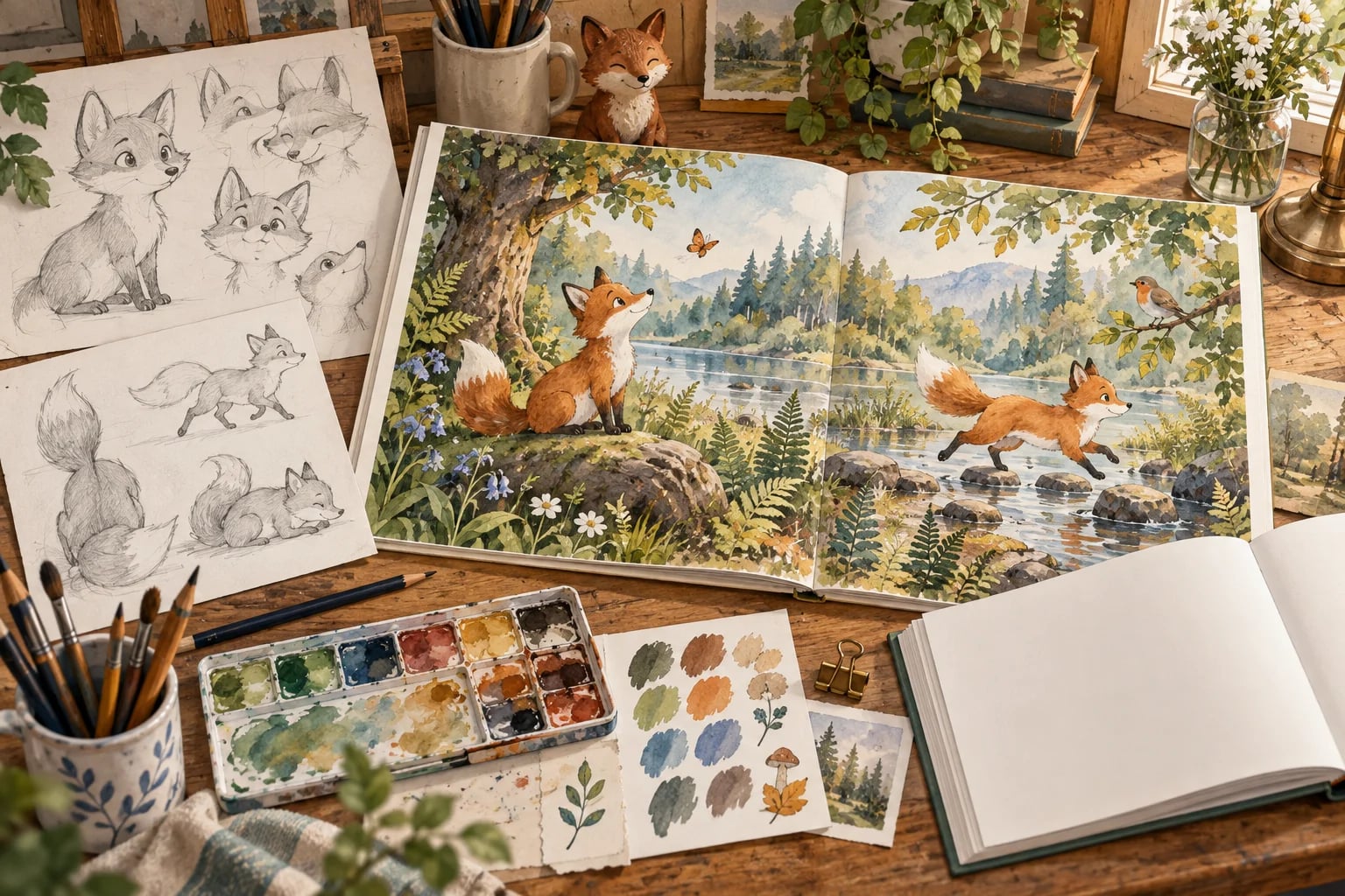 Illustrator desk with fox character sketches and picture-book artwork