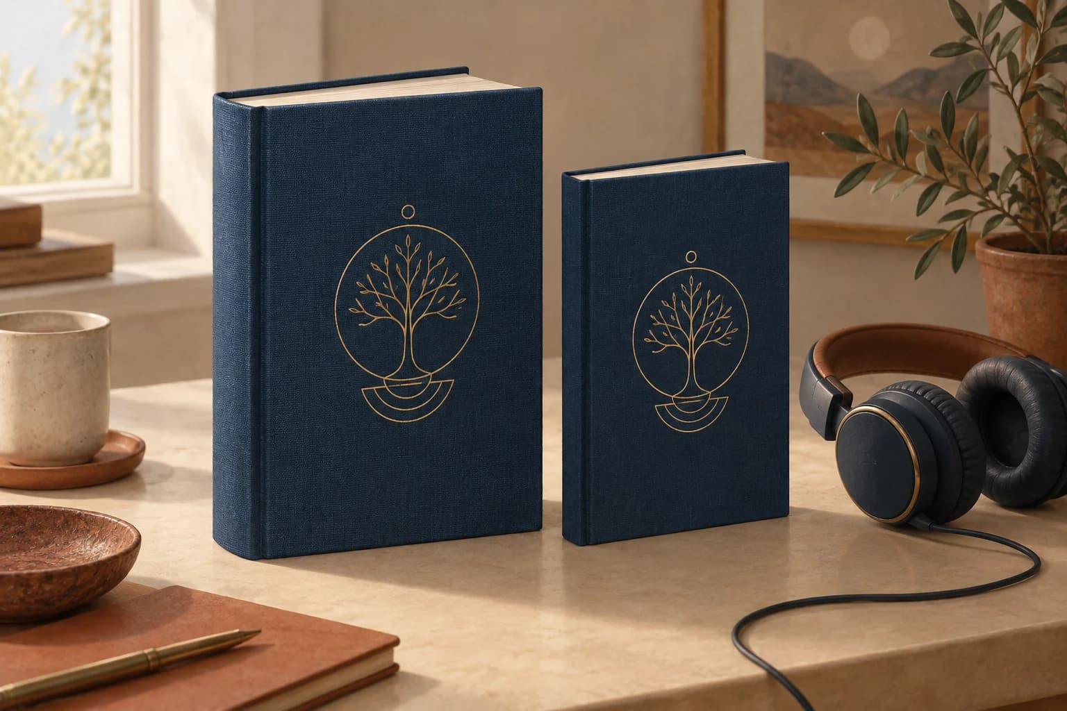 Two matching fictional books of different thickness beside headphones