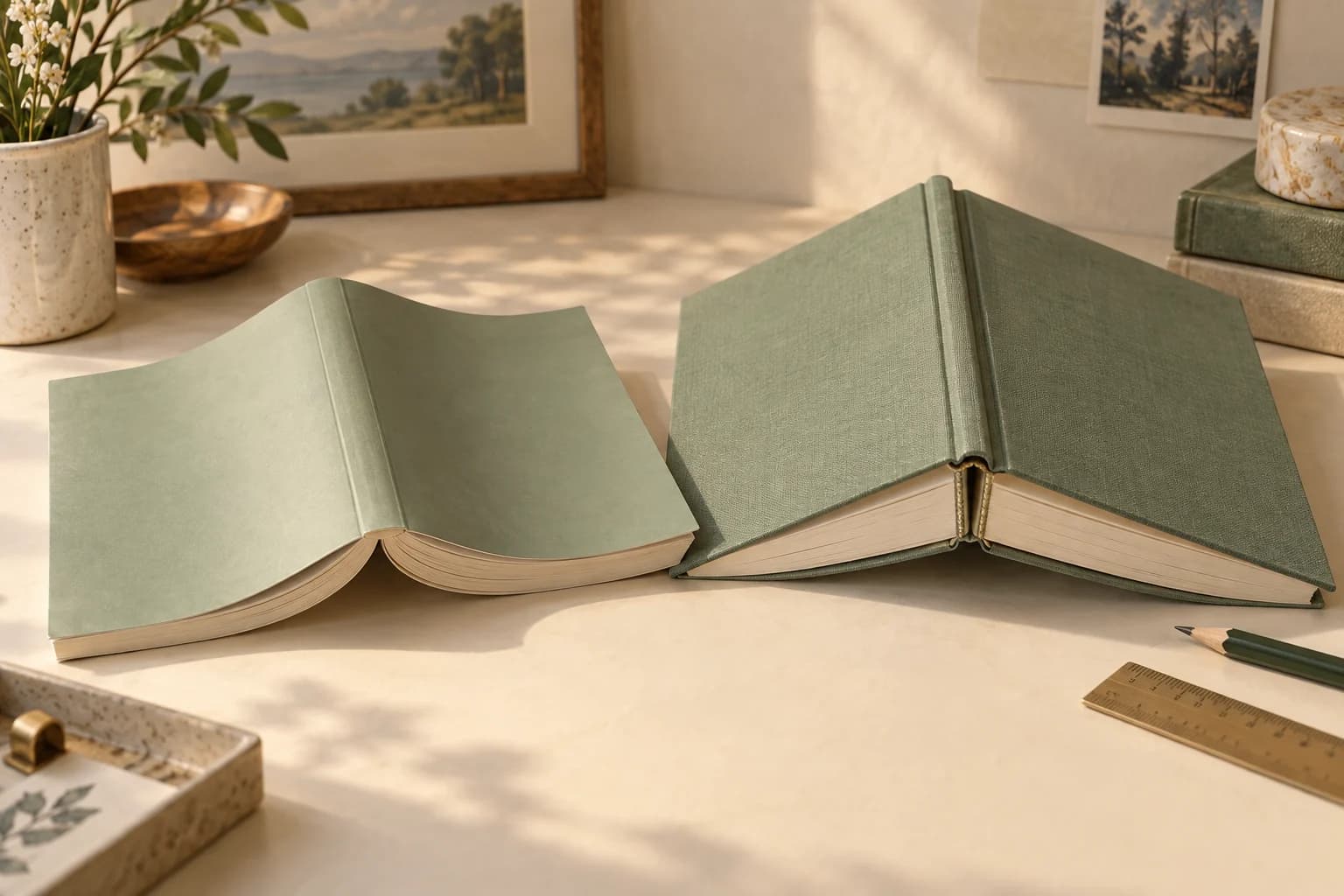 Flexible paperback and rigid hardback covers shown side by side