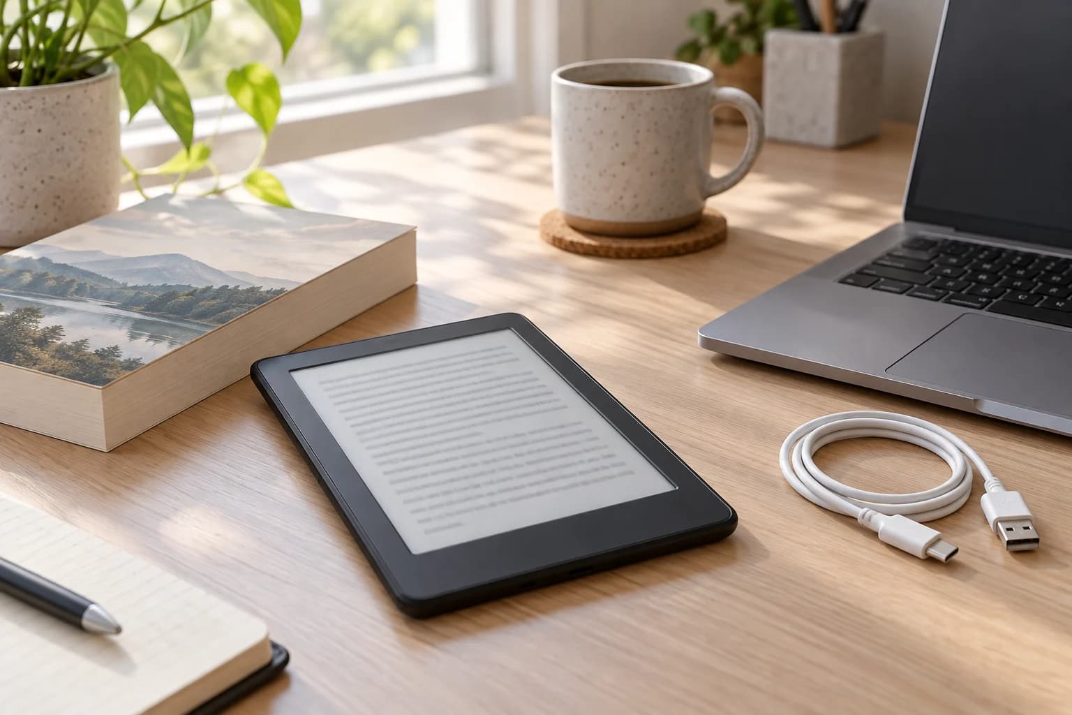 An unbranded ebook reader beside a laptop, paperback and separate USB cable.