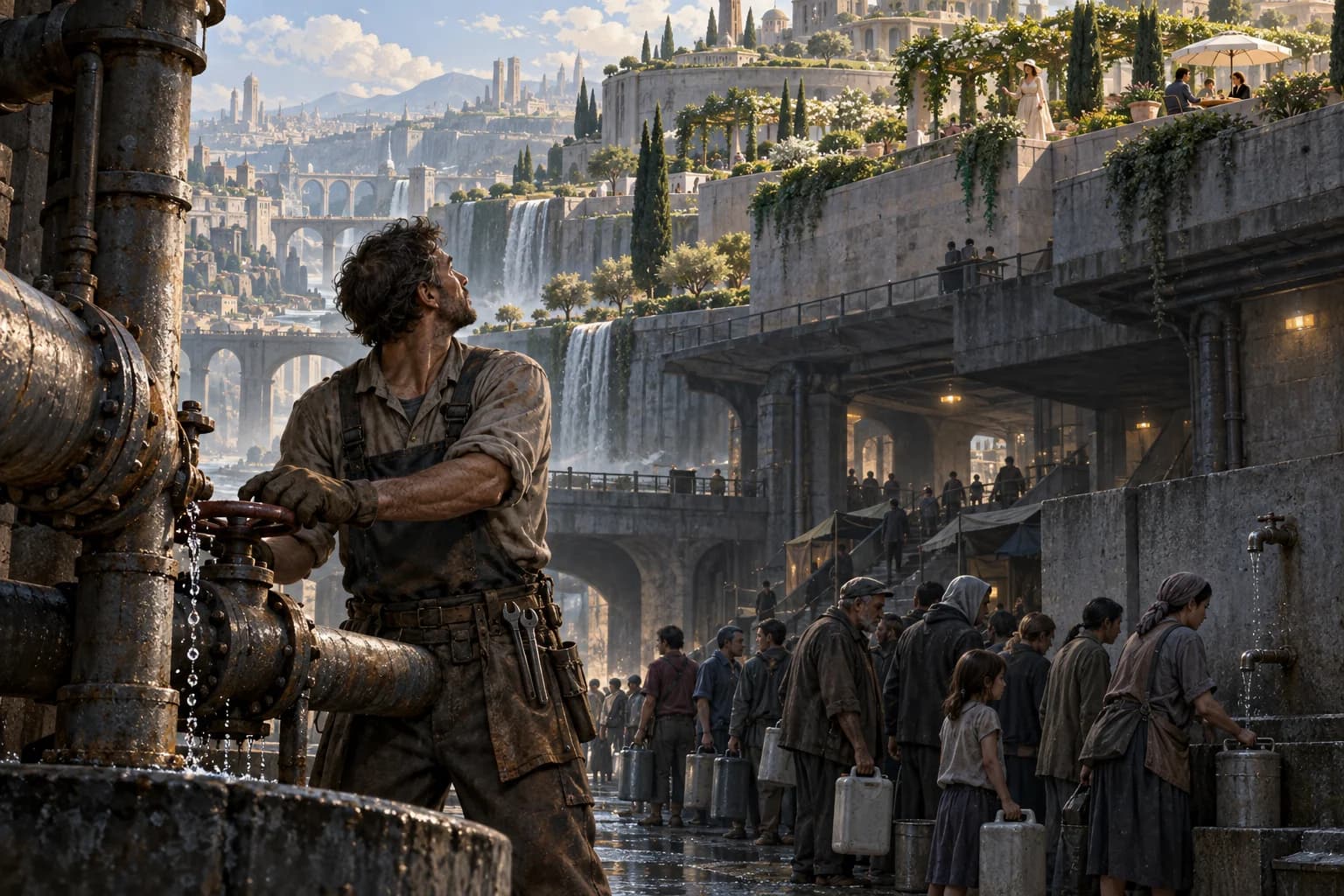 A repair worker tends water pipes beside a ration queue beneath lush rooftop gardens.