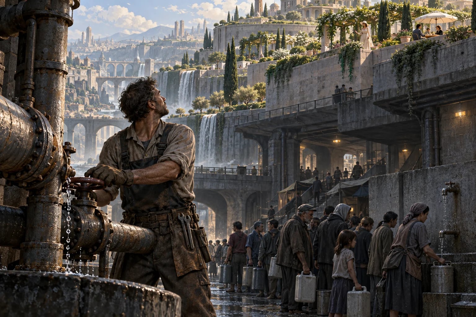 A repair worker tends water pipes beside a ration queue beneath lush rooftop gardens.