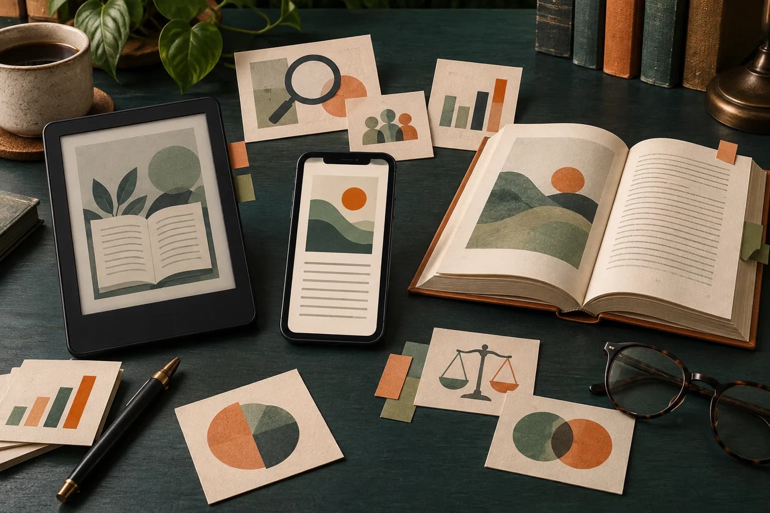 An e-reader, phone and book beside illustrated research cards on a publishing desk.