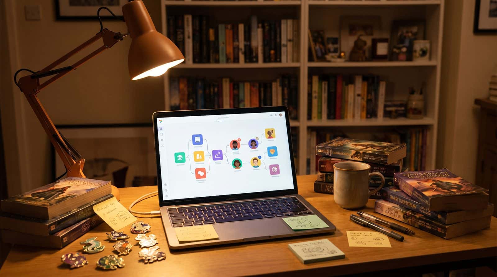 Writer's desk at night with a fiction-writing app open on a laptop, surrounded by fandom books and notes