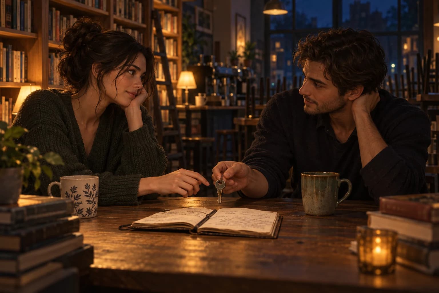 Two friends sit across a cafe table with an open notebook, mugs and a small key between them.