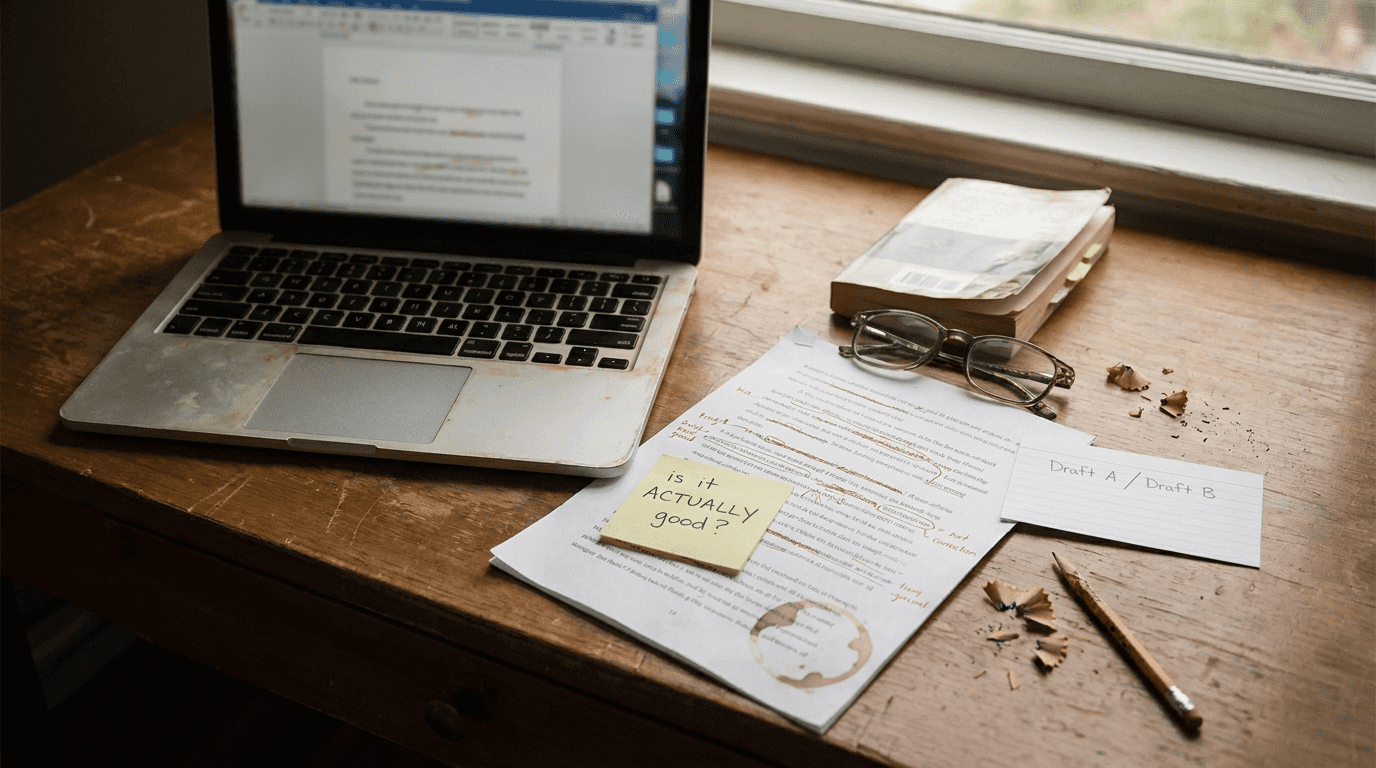 A writer's desk with a manuscript marked in red pen, a laptop showing a chat, and a sticky note reading is it actually good
