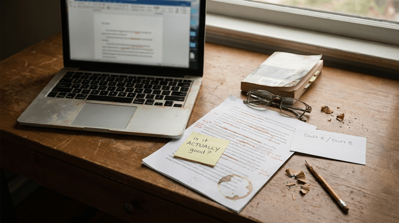 A writer's desk with a manuscript marked in red pen, a laptop showing a chat, and a sticky note reading is it actually good