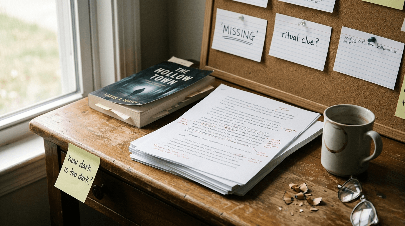 A crime-mystery writer's desk with manuscript pages, index cards reading 'MISSING' and 'ritual clue?', and a sticky note asking 'how dark is too dark?'