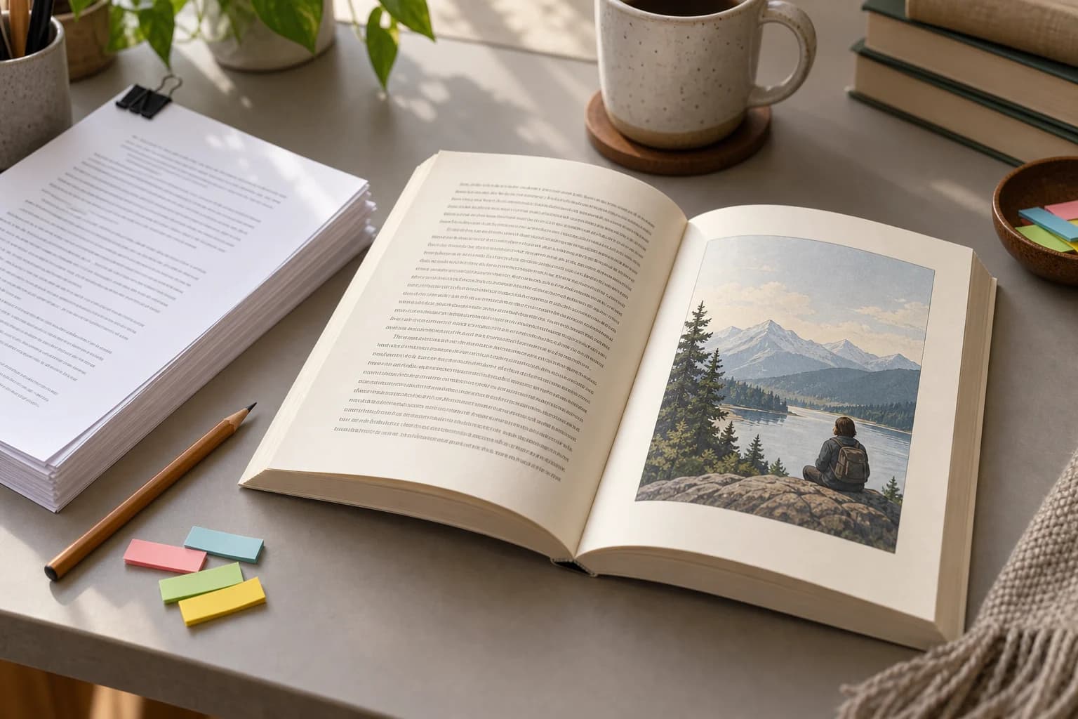 A manuscript stack beside an open paperback with text and an illustrated page.