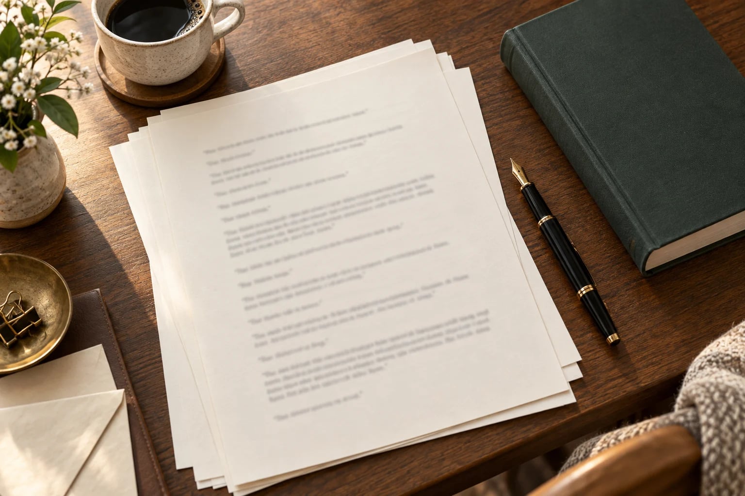 Dialogue manuscript pages, a fountain pen and a closed notebook on a sunlit wooden desk.