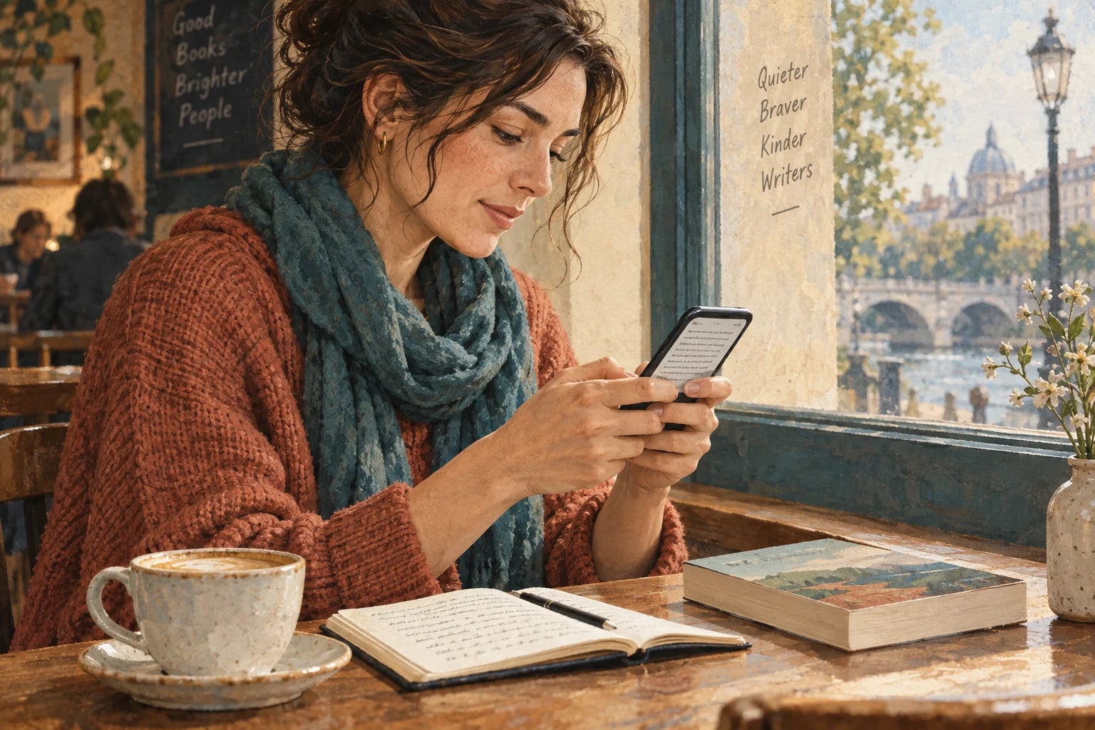 A writer revises a manuscript on her phone beside an open notebook in a cafe.