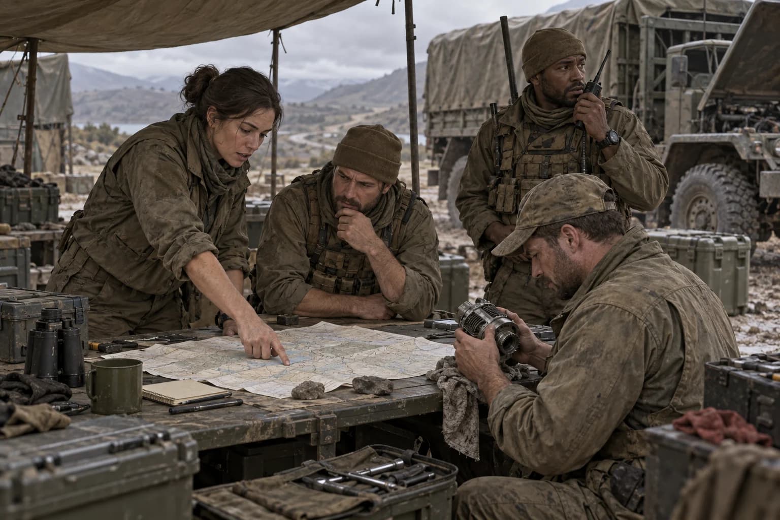 Members of a fictional logistics unit review a map, a repair part and radio information.