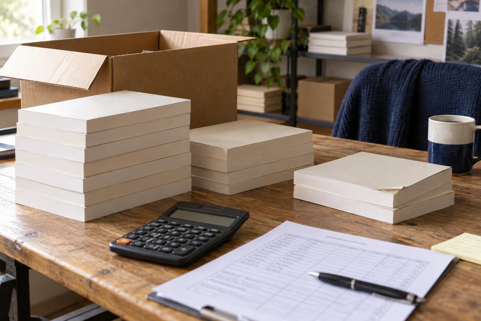 Books and a publishing cost notebook on a work desk