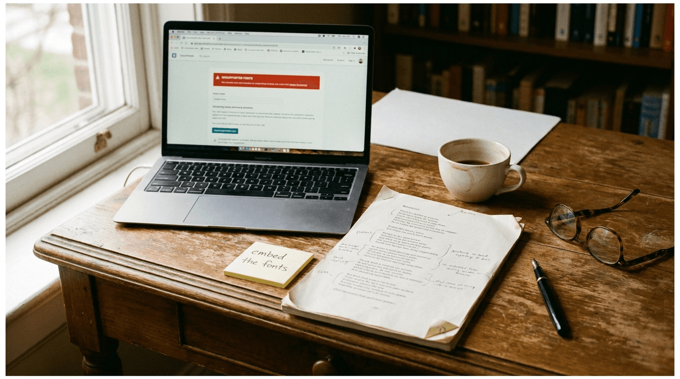 A self-publishing author's desk: a laptop showing a KDP upload screen with a font error message, a printed poetry manuscript, and a handwritten sticky note reading embed the fonts.