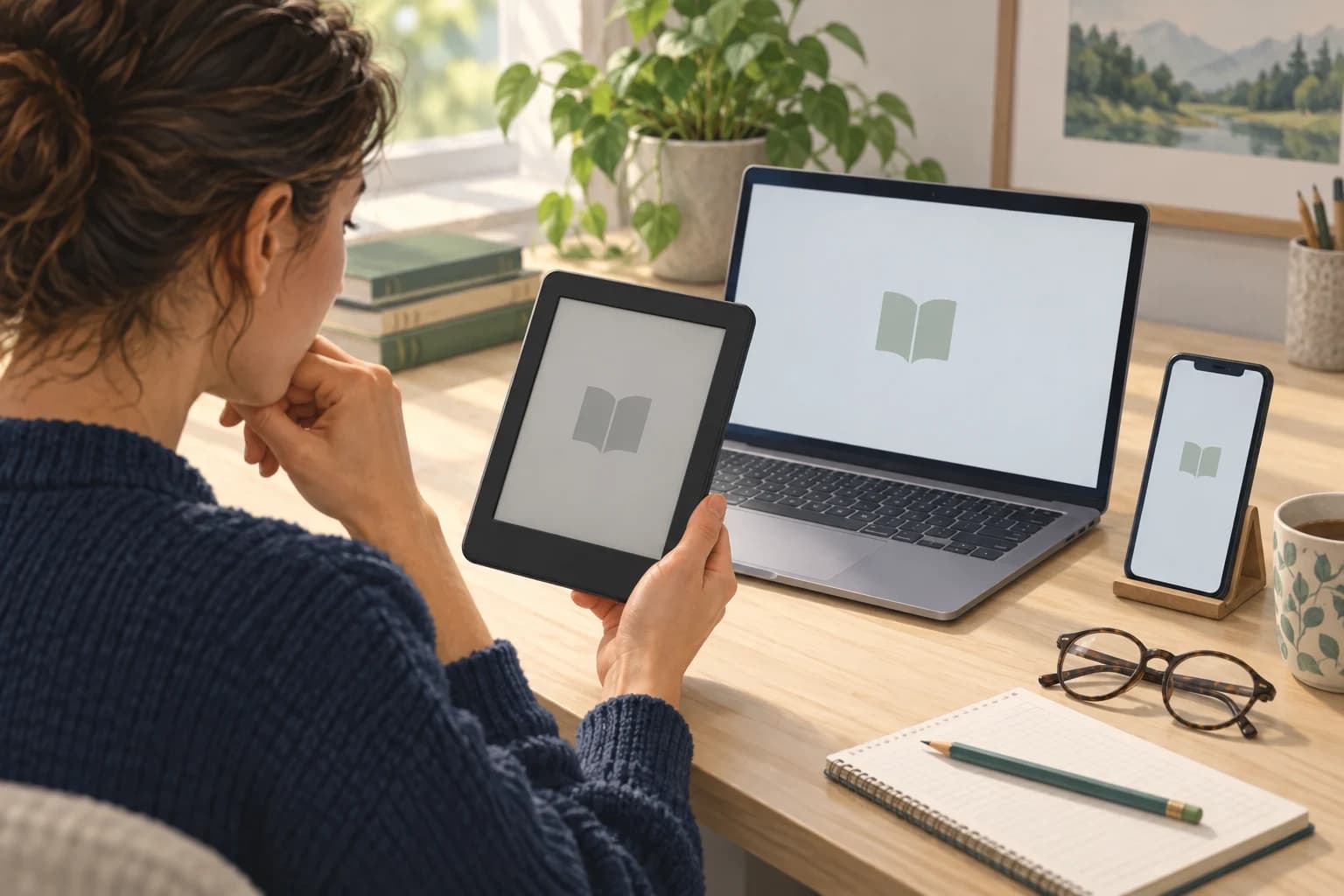 Reader comparing an unbranded e-reader, laptop and phone