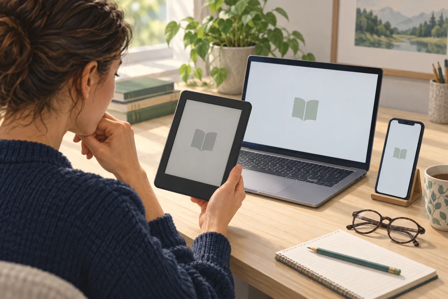 Reader comparing an unbranded e-reader, laptop and phone