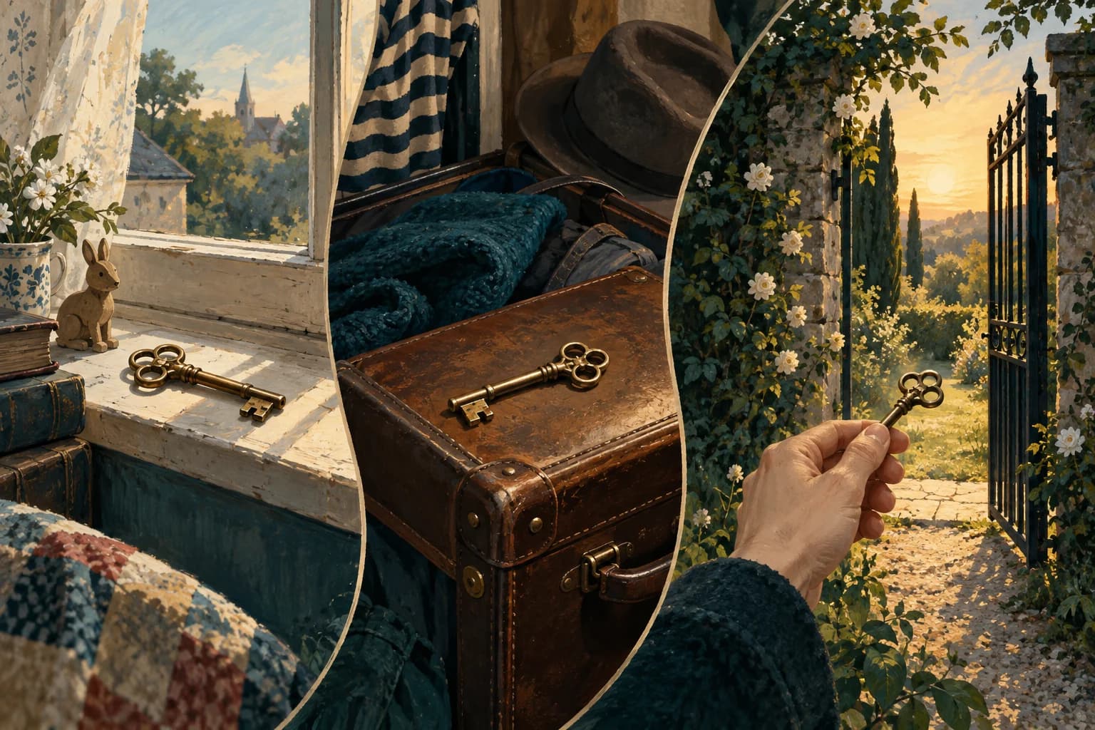 The same brass key recurs at a childhood window, on a suitcase and beside an open garden gate