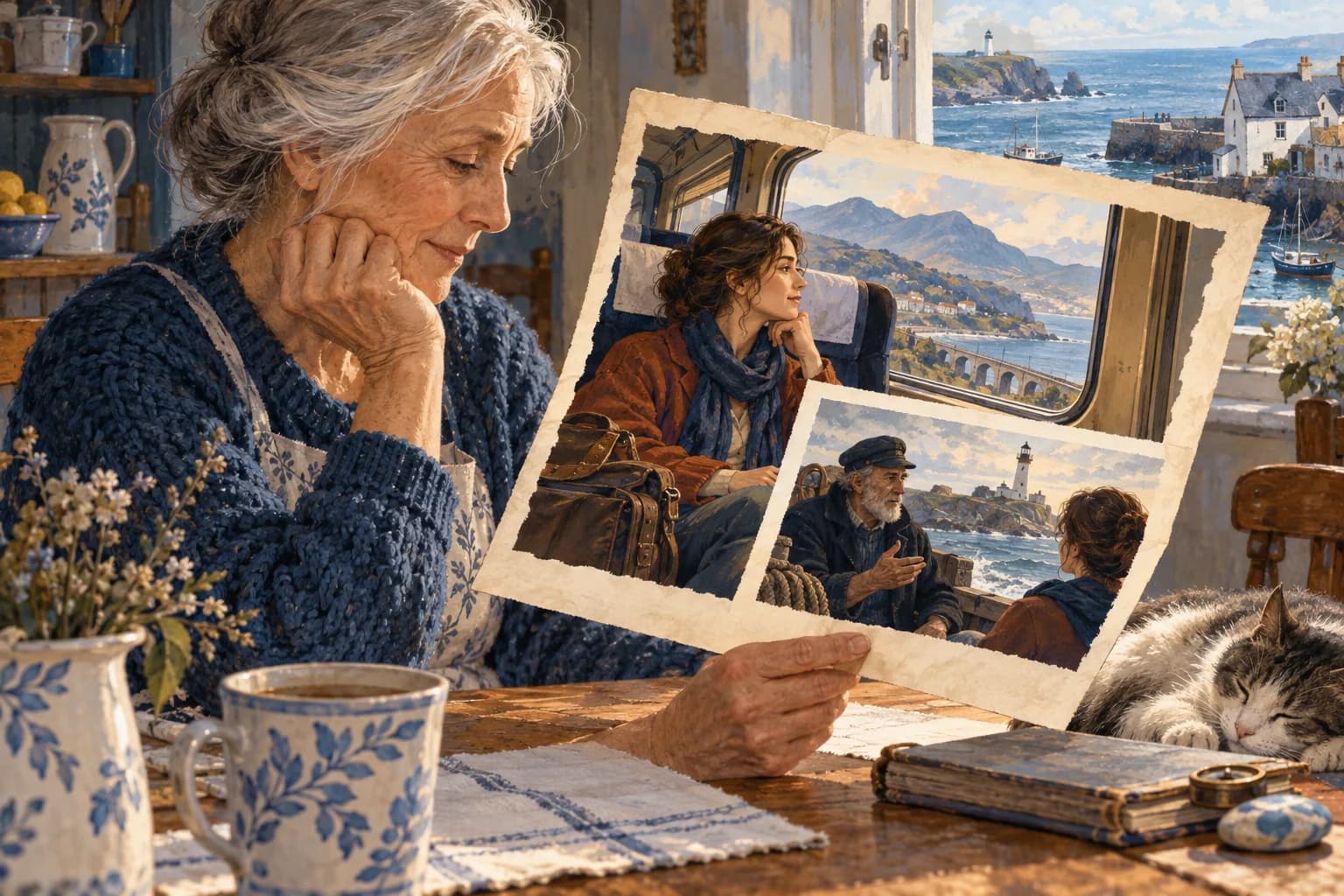 An older reader, a traveler and a sailor appear in nested illustrated story frames