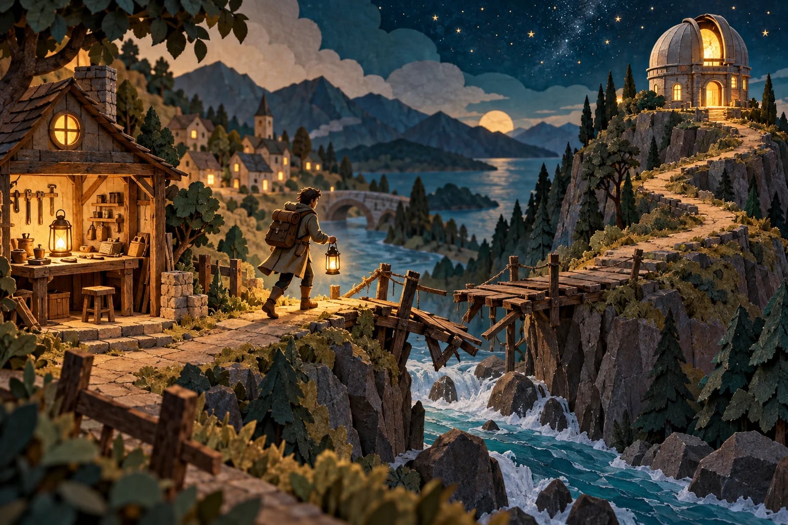 A traveler crosses a wooden bridge toward a hilltop observatory above a village at night.
