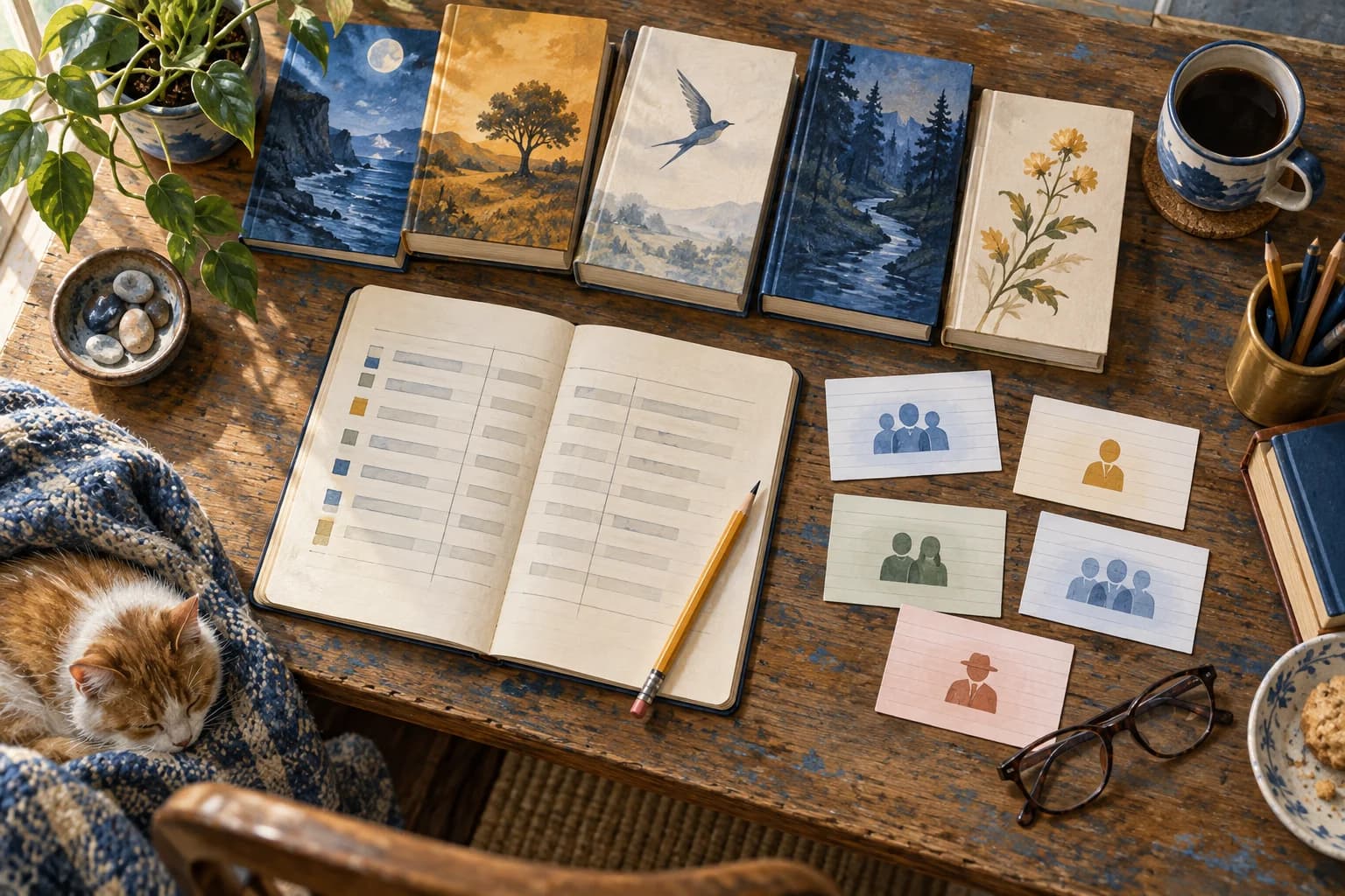 Books, audience-group cards and an open notebook lie on a desk beside a sleeping cat.