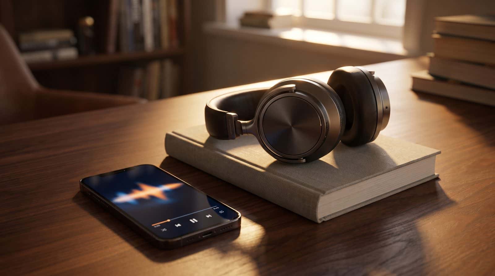Selling audiobooks online across platforms with headphones and phone