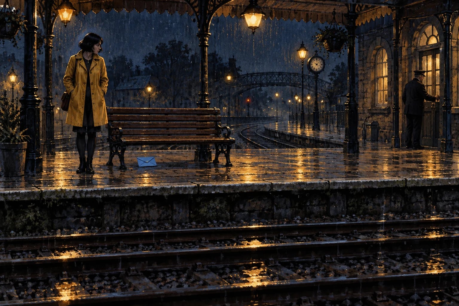 A woman in a yellow coat stands near a blue envelope on a wet station platform while a porter waits by the office.