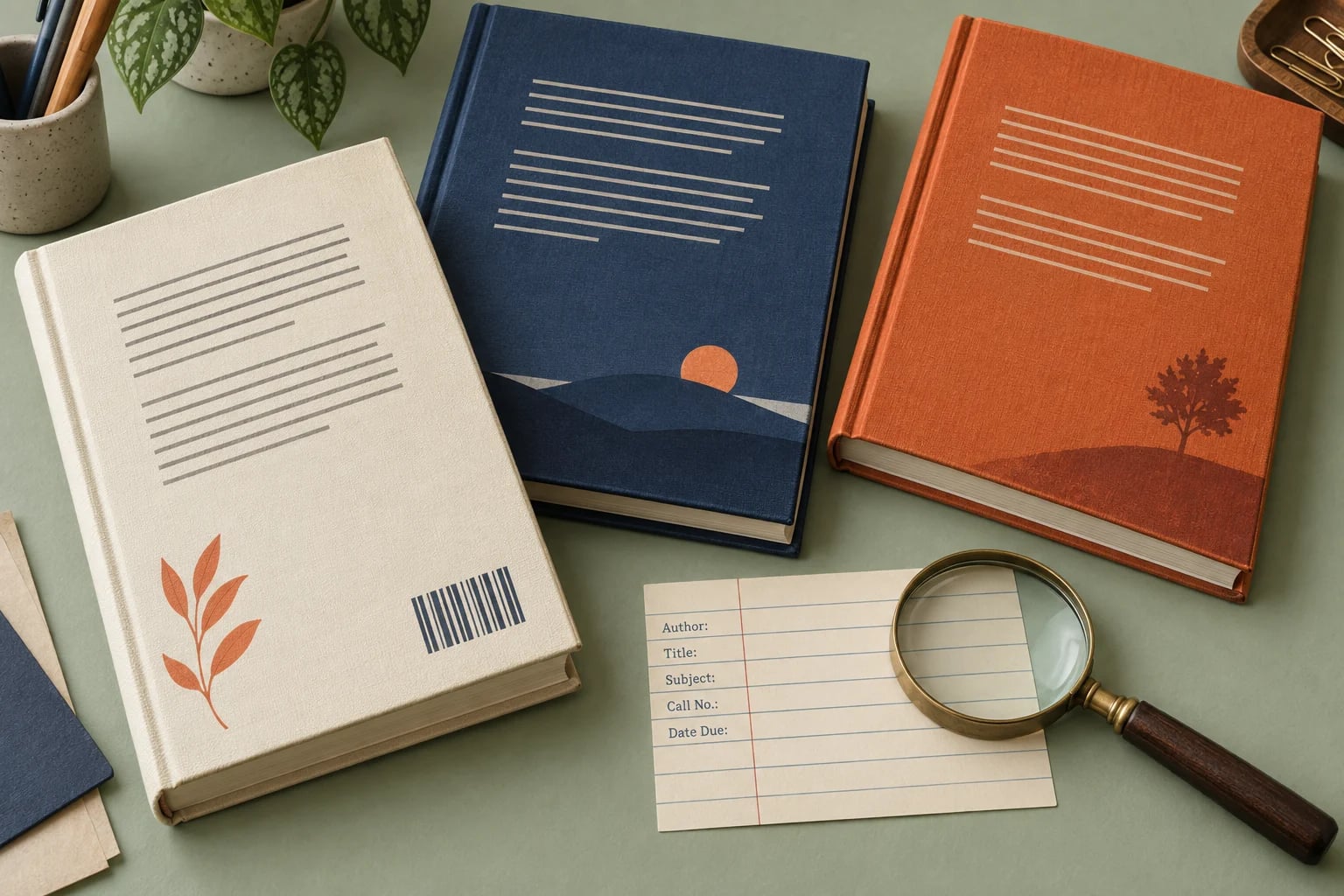 Book backs with a schematic barcode beside a catalog card