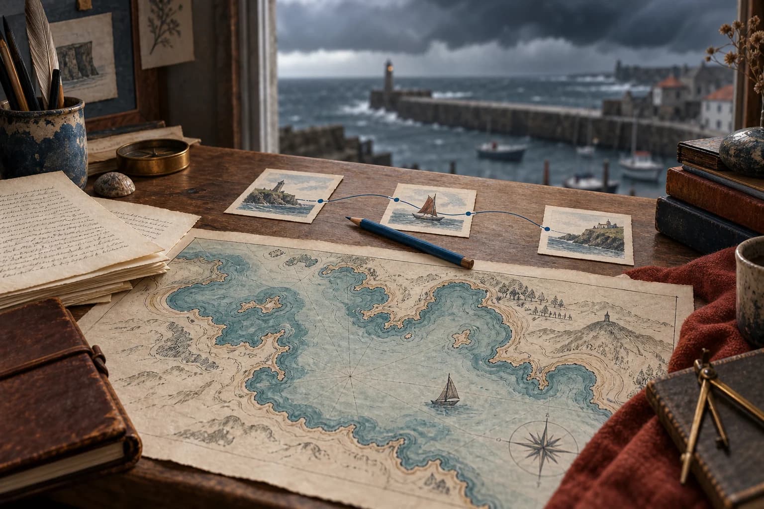 A coastal map and small harbor illustrations lie on a desk overlooking a stormy waterfront.