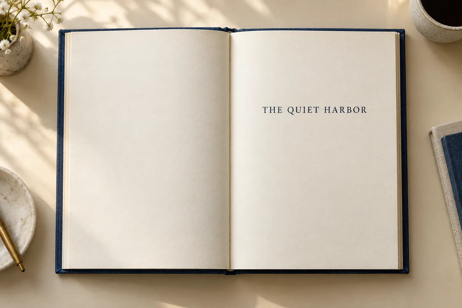 Open fictional book with The Quiet Harbor alone on its half-title page