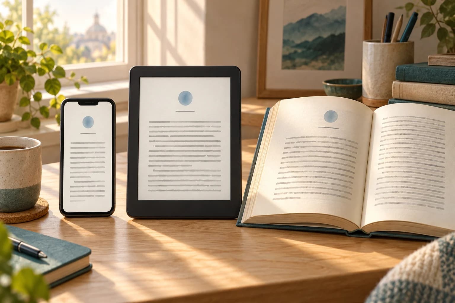 The same illustrative text flowing across a phone, e-reader and print book