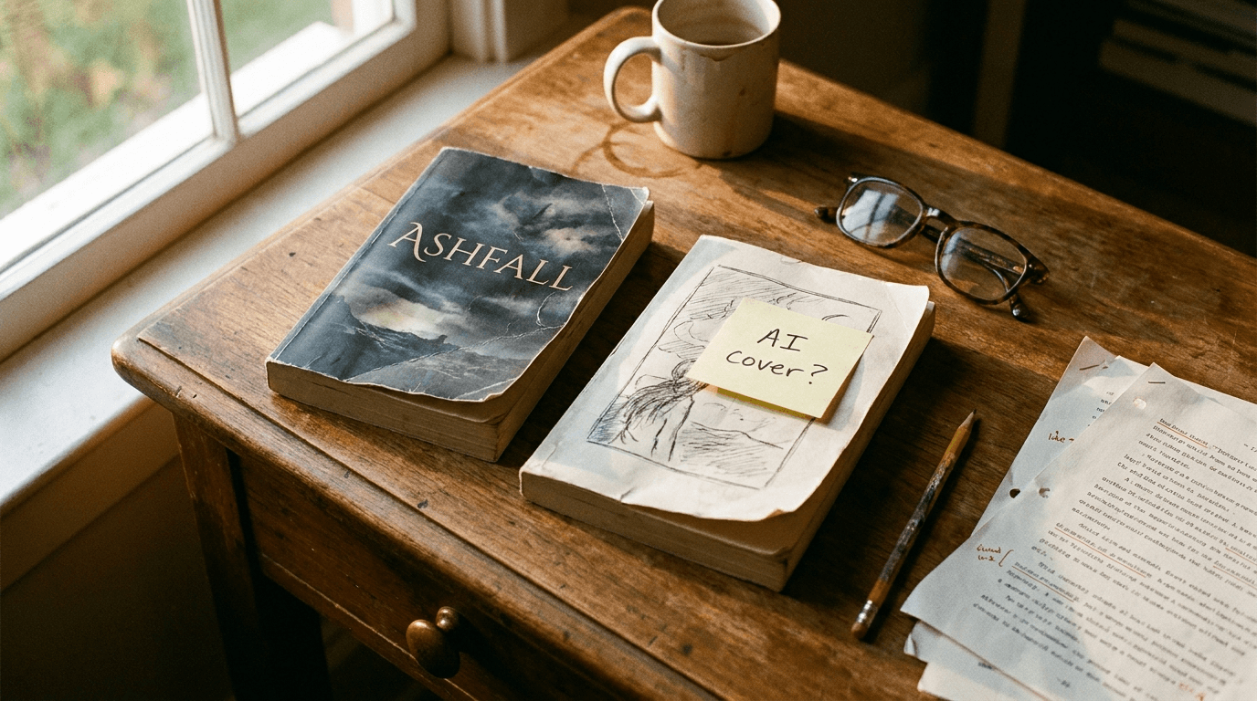 Two paperback book covers on an author's desk beside a handwritten 'AI cover?' sticky note, weighing whether an AI cover hurts sales