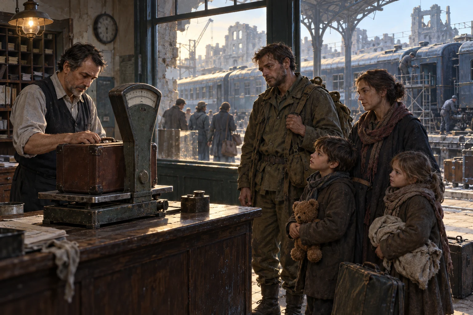 A fictional railway clerk weighs a family suitcase as travelers wait in a damaged station.