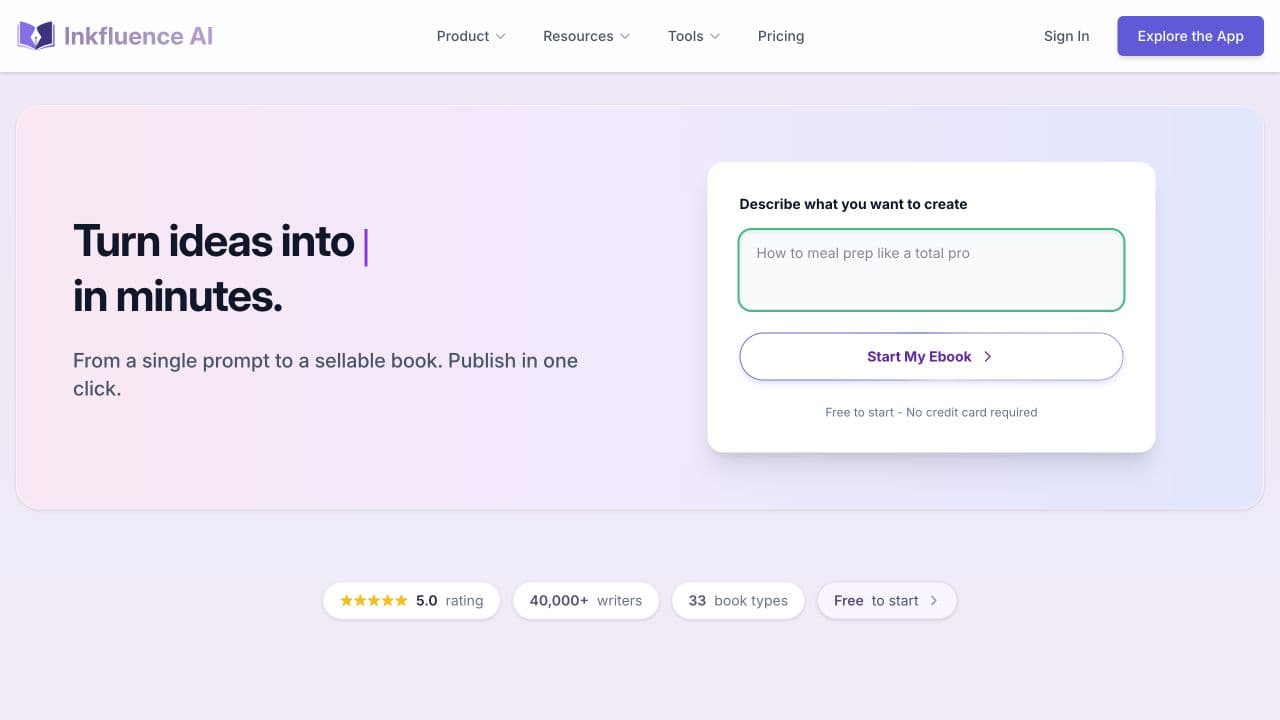 Inkfluence AI official website showing its AI ebook creation interface